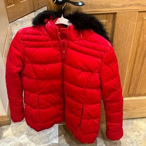 Red Puffer Jacket with Black Faux-Fur Trim